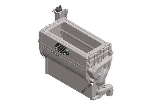 Wärmetauscher von Bosch in grauer Farbe mit mehreren Anschlüssen und einem formgebenden Gehäuse, dargestellt in 3D-Darstellung.